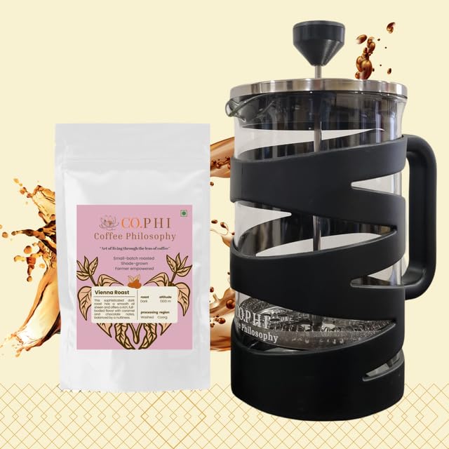 Image of CO.PHI French Press Coffee Maker, 800ml German Borosilicate Glass Carafe, Stainless Steel Filter, Ergonomic Handle, Black Spiral Design with 100 gms Vienna Roast Ground Coffee