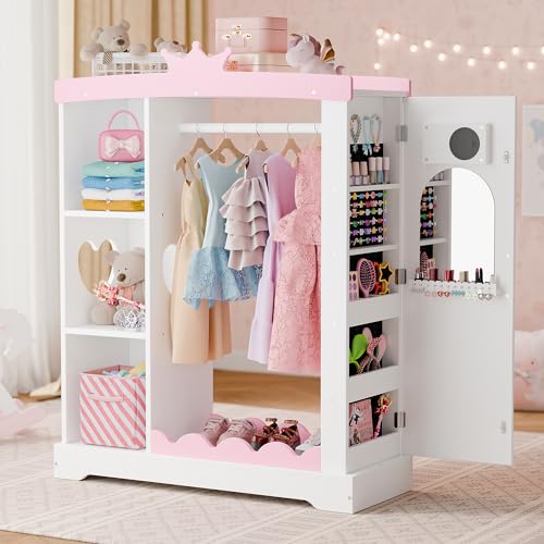 Xilingol Kids Armoire with Jewelry Cabinet, Dress up Storage with Mirror and Shelves, Princess Dress Closet and Costumes Wardrobe Closet, Costume Organizer for Bedroom, Kids Room, Girls (White)