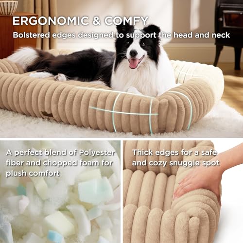 Image of Bedsure ComfyFleece Dog Beds Large Sized Dog Washable,40in Sandy Beige | Furry Big Rectangle XL Pet Beds,Cute Aesthetic,Orthopedic Corduroy Fleece,Removable Zipper Cover,Non-Slip Bottom,Up To 75 Lbs