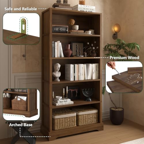 Image of TVU 5 Tiers Wooden Bookshelf, 65.2 inch Tall Farmhouse Style Open Bookcase, 31.5 inch Wide Standing Book Shelf with Storage for Study Room, Living Room, Walnut Brown