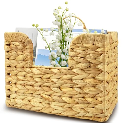 RALAHBEIFM Woven Hanging Magazine Holder, Water Hyacinth Mail Basket Wall Mounted Magazine Basket Rack with Handle for Book, Files Bathroom, Home, Office - 11.75 X 4.2 X8 Inch