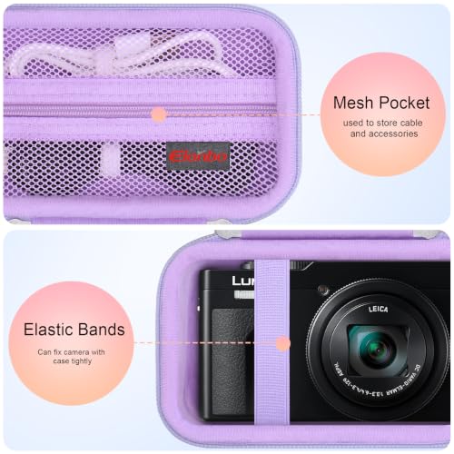 Image of Elonbo Camera Case for Panasonic LUMIX ZS99 / TZ99 / ZS80 / ZS70 / ZS300 / ZS200 / ZS100 / LX10 Point and Shoot Camera. Panasonic LUMIX Digital Camera Carrying Case. with Mesh Pocket fits Battery, Purple