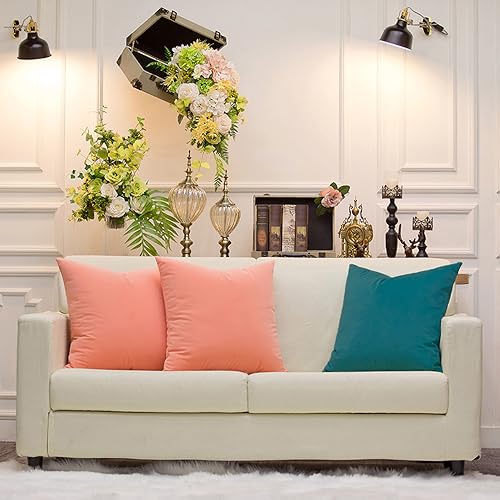 Image of Set of 2 Comfortable Throw Pillow Cover for Bedding, Decorative Accent Cushion Sham Case for Couch Sofa, Soft Solid Velvet with Zipper Hidden - 20 inchx20 inch, Living Coral