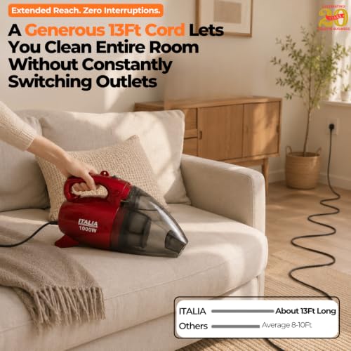 Image of ITALIA 1000W Powerful Handy Vacuum Cleaner with Blower | Corded Bagless Design for Home & Car | Lightweight, with Shoulder Strap & 8 Accessories