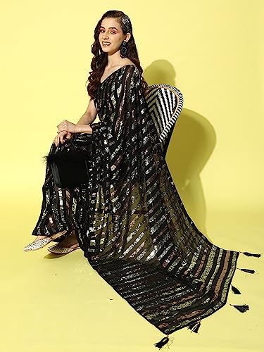 Image of AKHILAM Women's Black Embellished Georgette Saree With Unstitched Blouse Piece