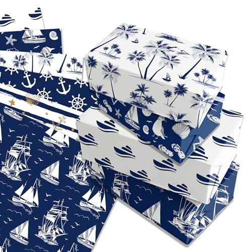 DodelyGz 12 Sheets Nautical Theme Gift Wrapping Paper, Navy Anchor Ocean Design Wrapping Paper For Birthdays, Holidays & Baby Showers DIY Gift Packing Crafting,20 x 27 inches,