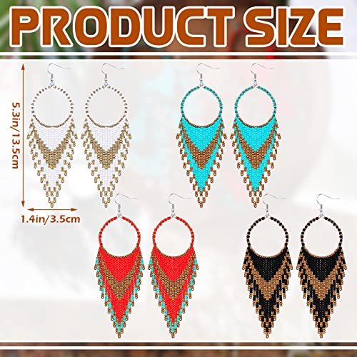 BBTO 4 Pcs Long Beaded Tassel Earrings Bohemia Colorful Native Handmade Statement Fringe Drop Earrings Boho Dangle Tassel Earrings for Women(Elegant Color)3