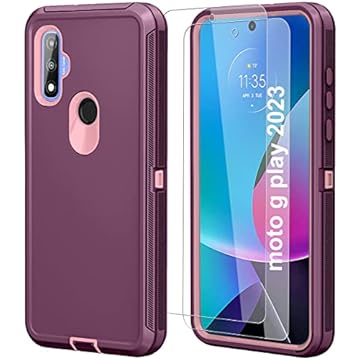 Qinmay Capa para Moto G Play 2023 com protetor de tela HD (2 pacotes), capa de telefone Motorola Moto G Play 2023 3 em 1 armadura resistente à prova de choque para Motorola Moto G Play 2023 (vinho rosa)