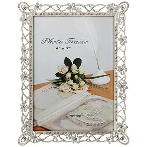 Licotom Metal Picture Frame Silver Plated with Pearly White Flowers and Crystals, 5 x 7 Inch Photo Frame Cover