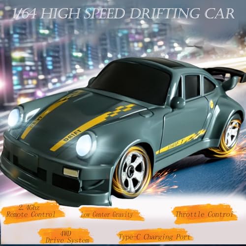 Image of RC Drift Car, 1 /64 Mini RC Remote Control Car, 2.4GHz Full Proportional RTR High Speed Micro Sports Racing Drift, 4WD HobbyFast Race Vehicle with Lights, Model Toys Gift for Kids, Boys, Adults