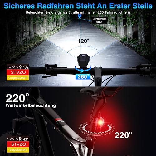 LED Fahrradlicht Set Wiederaufladbare, STVZO Zugelassen Fahrradlicht Fahrradlichter Fahrradlampe Set Wasserdicht und USB-Aufladung Fahrrad Licht mit Frontlichter & Rücklicht Fahrradbeleuchtung
