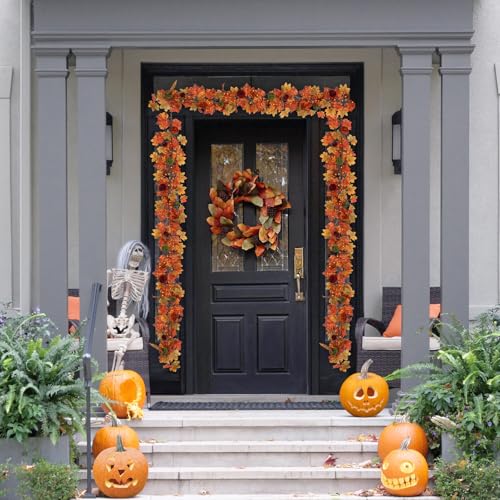 Image of RoseCraft Fall Garland, 6FT Autumn Maple Leaf Velvet Pumpkin /Berry Garland Fall Decor, for Home Harvest Thanksgiving Fireplace Front Door Indoor Outdoor Holiday Party Decorations.