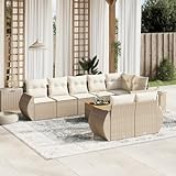 QJBSAVVA 9-TLG. Garten-Sofagarnitur Beige Poly Rattan 62x62x69 cm mit Akazienholz-Tisch, dicken Kissen, modularem Design, UV-Lounge für kleine Balkone, Terrassen und Gärten