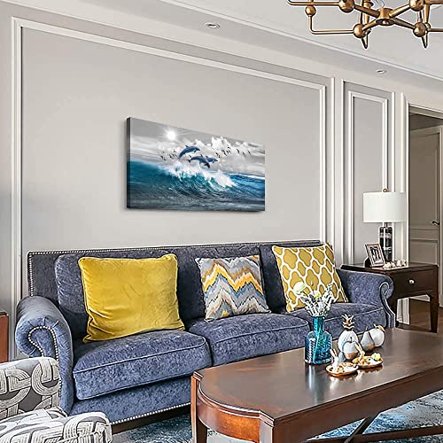 Wall Decorations For Living Room Large Size Canvas Wall Art For Bedroom Blue Waves Of The Sea Wall Pictures Artwork Modern Office Canvas Art Print Dolphins Wall Paintings Ready To Hang Home Decor #TOP4