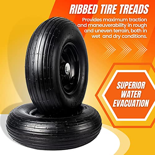 Ar-Pro (2-Pack) 13”Replacement 4.00-6” Pneumatic Wheel Assemblies For Residential Wheelbarrows (Black) - Ribbed Tire Treads - With 5/8” Bearings - Includes 8 Sets Adapter Kit #TOP4