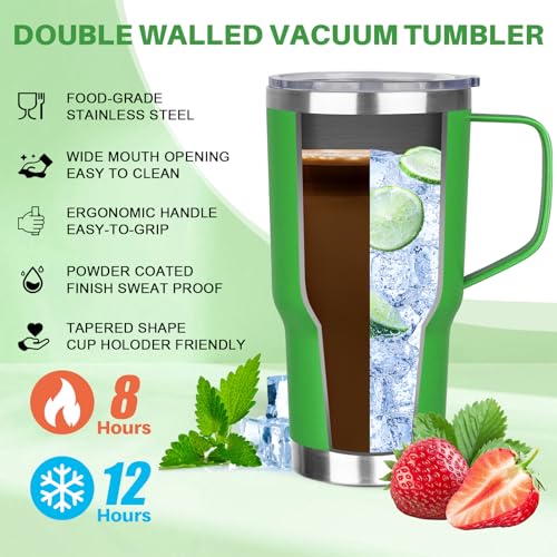 Image of 30 oz Tumbler with Handle, Stainless Steel Insulated Tumbler with Lid and Straw, Double Wall Vacuum Coffee Mug Tumbler, Insulated Coffee Thermal Cup for Cold and Hot (Fruit Green)