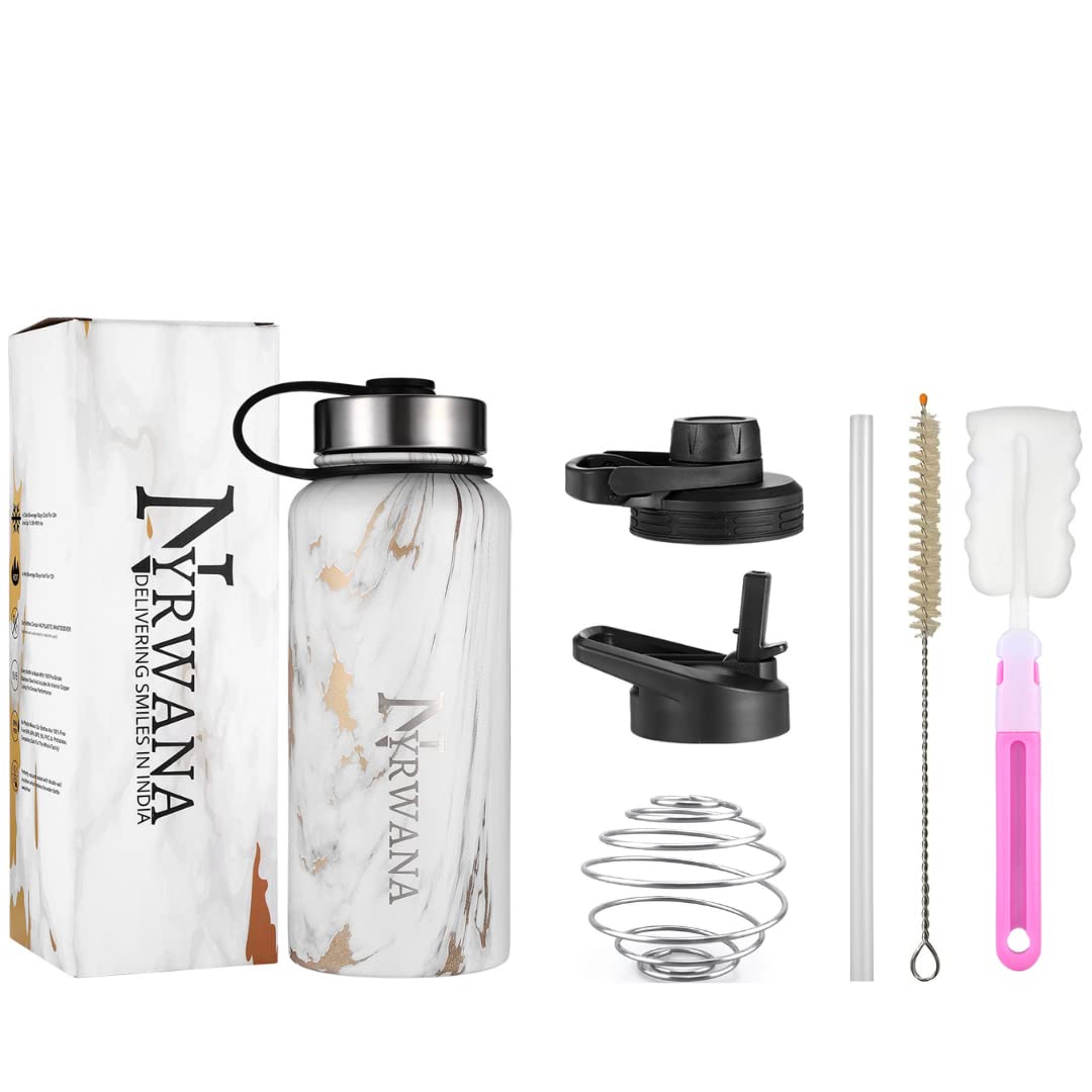 NYRWANA Steel Water Bottle 1 Litre, Insulated Water Bottle, Water Bottle with Cleaning Brush & 3 Lids, Double Wall Thermos Flask Sipper Bottle (Marble White) (B0B75BNXJZ) Amazon Price History, Amazon Price Tracker