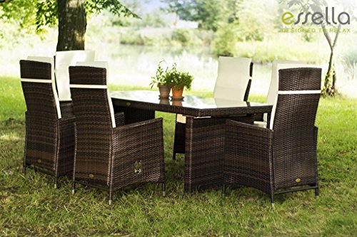 Essella Rome Dining Set Bicolour Brown Poly Rattan with Adjustable Backrests and Extra Strong 1.4 mm Wickerwork