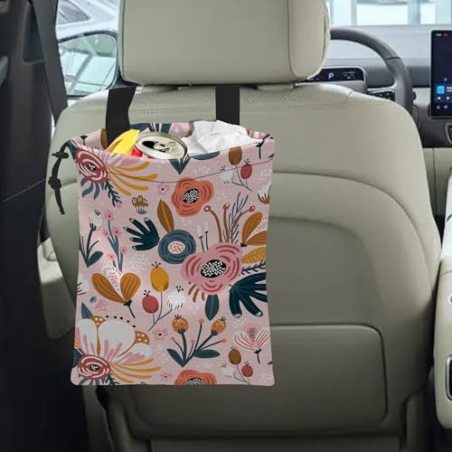 Image of Car Trash Bag Creative Floral Car Garbage Bag Hanging Car Trash Can for Back Seat with Drawstring, Waterproof Garbage Bags for Car Accessories Vehicle Travelling Camping Outdoor