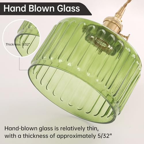 Image of Shenmoyl Plug in Pendant Light Hanging Light Fixture Corded On /Off Switch Brass Pendant Light with Green Striped Glass Lampshade for Bedroom Living Room Kitchen Island