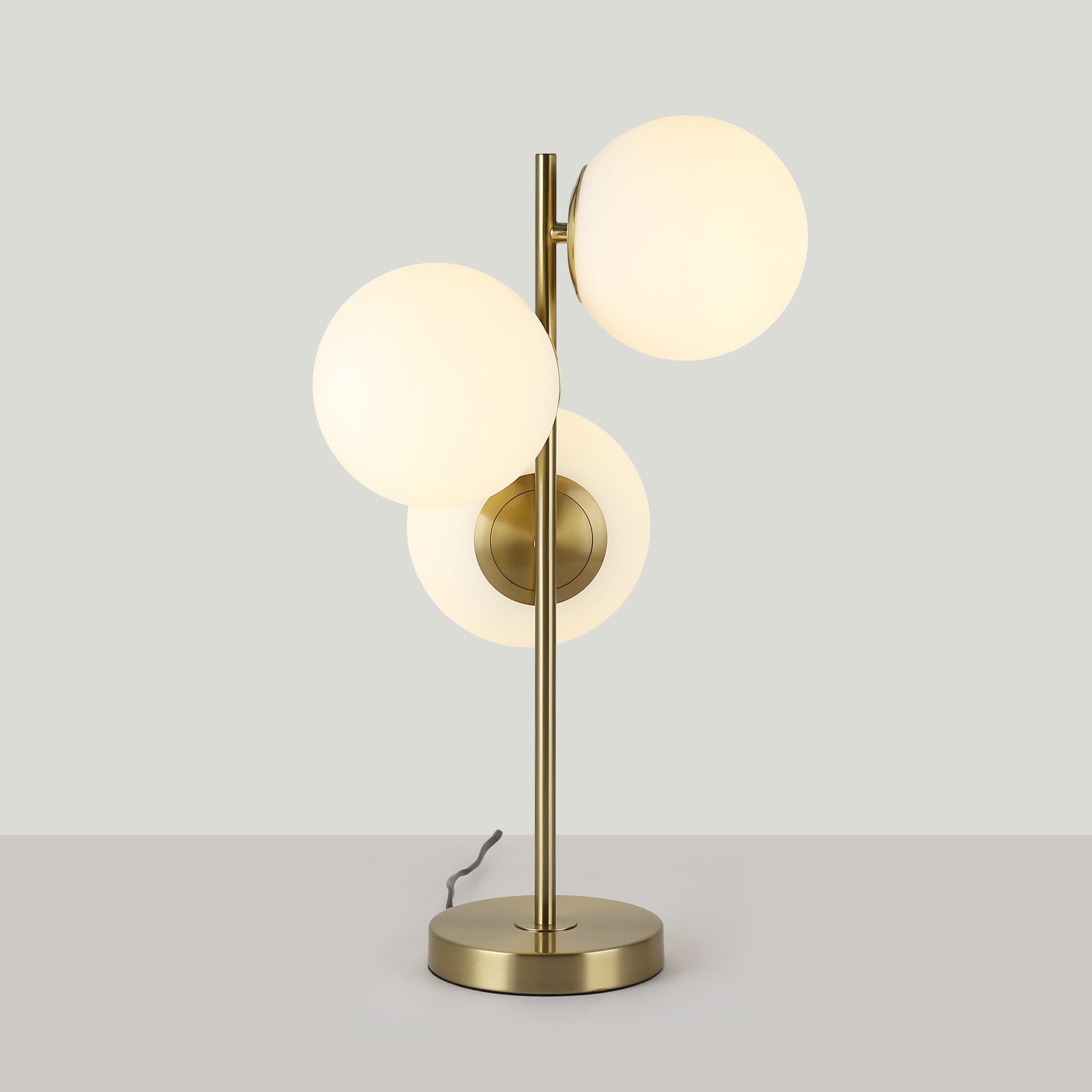 BARCELONA LED - Lámpara de Mesa ROM Dorada – 3 Esferas de Cristal Opalino. 3x casquillo E27 – Lámpara de Escritorio o Mesita de Noche. Iluminación Decorativa para Salón, Dormitorio u Oficina