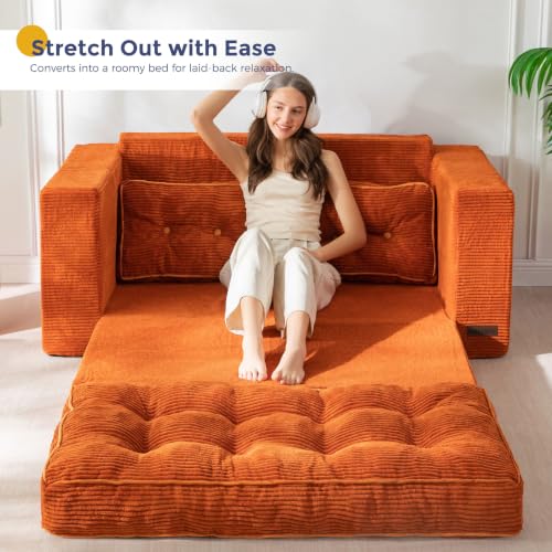 Image of MAXYOYO Convertible Sofa Bed, Pull Out Loveseat Sofa Couch, 2 in 1 Folding Couch Bed, Fold Out Floor Couch with Pillows for Living Room Bedroom Lounge
