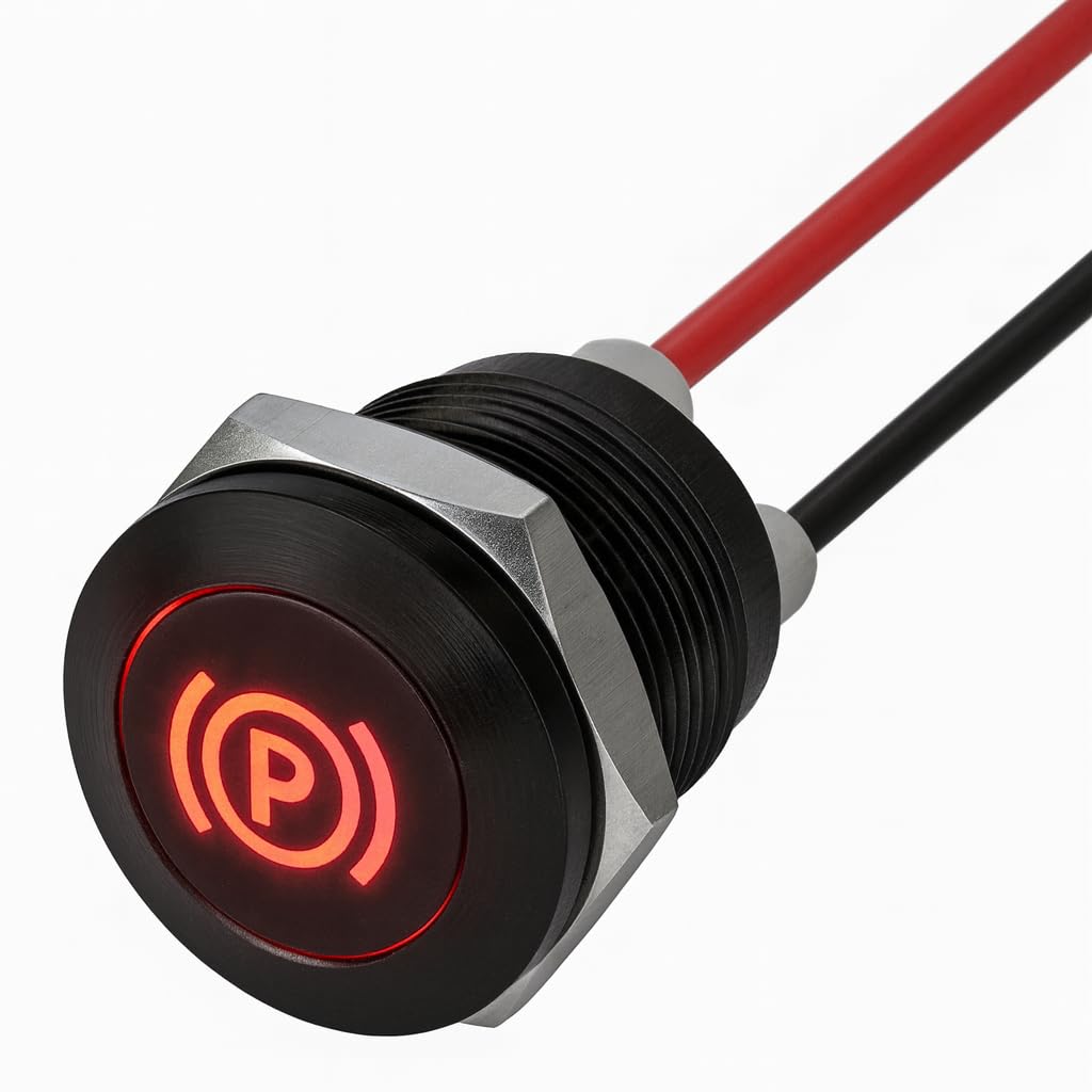 Dun-Bri Black Dbg 12Mm Screw-Fit Led Warning Light | Panel Mount Indicator W/Symbols | 12V-24V Dc | Ip65 Waterproof Signal Lamp For Industrial & Automation Panels (Red | Parking Brake | 12V | Fly Lead)