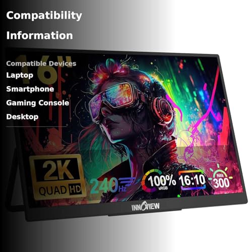 undefined InnoView 16" 240Hz Portable Monitor 2K 2560x1600 100% sRGB Portable Gaming Monitor Laptop Monitors Built-in Speakers 180° Adjustable Type-C HDMI Laptop Screen Extender for Surface Pro PS5 Switch Xbox の商品画像 2