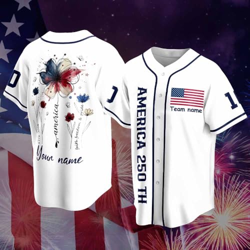 Jersey de béisbol personalizado para el 4 de julio con nombre personalizado, nombre del equipo, regalo del Día de la Independencia, 250 años de libertad. Blanco miniatura 2