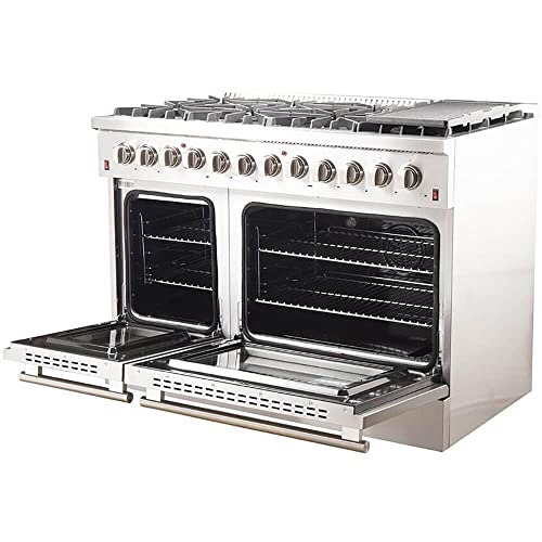 FORNO Galiano Dual Fuel 48" Inch. Freestanding Range 8 Sealed Brass Burners Cooktop - 6.58 Cu. Ft. Double Convection Electric Oven - Stainless Steel Stove Range Heavy Duty Cast Iron Grates