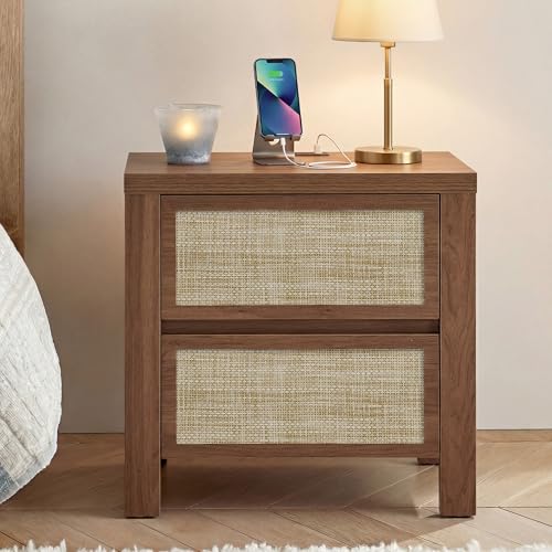 Image of Yechen Rattan Nightsand, Night Stand with Type-C Charging Station, Boho End Tables, Bed Side Tables, 23.6 inch D x 15.8 inch W x 23.6 inch H, 2 Drawers Nightstands for Small Space, Walnut