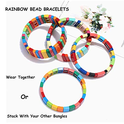 4PCS Rainbow Enamel Tile Bracelets for Women Multicolored Tile Bead Stretch Bracelets Set Stackable Colorblock Beaded Wrap Bangle Bracelet for Men4