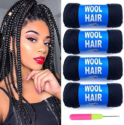 RAYIIS Brazilian Wool Hair Extensions for Braiding Hair Crochet Braids Jumbo Braids Senegalese Twist Wraps Box Braids Faux Locs Dreadlocks 4 Roll Natural Black