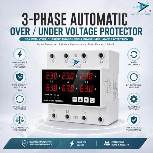 Image of MD Proelectra 3 Phase Automatic Over Under Voltage Protector 63A with Over Current, Phase Loss, Phase Imbalance, Phase Asymmetry & Incorrect Phase Sequence Protection, Auto Reconnect, 220VAC