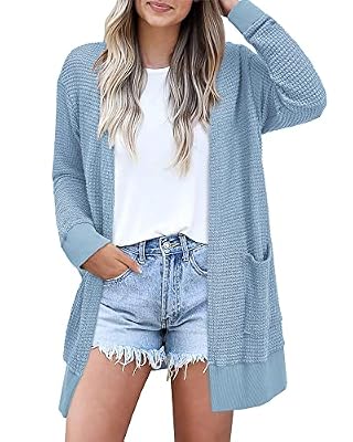 STYLEWORD Women's Fashion Cardigan 2026 Spring Trendy Clothes Sweaters Lightweight Open Front Waffle Knit Casual Long Cardigans Outfits Dressy with Pockets(Blue-XL)