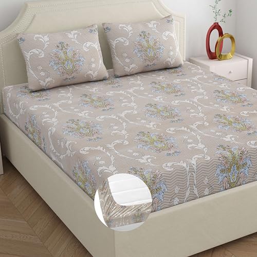 Image of Dreamscape Microfibre Wrinkle & Fade Resistant Fitted Bedsheet for King Bed, 140TC, 1 Fitted Bed Sheet (Size 72 x 78 inches + 12 inches Pocket) with 2 Pillow Covers, Beige