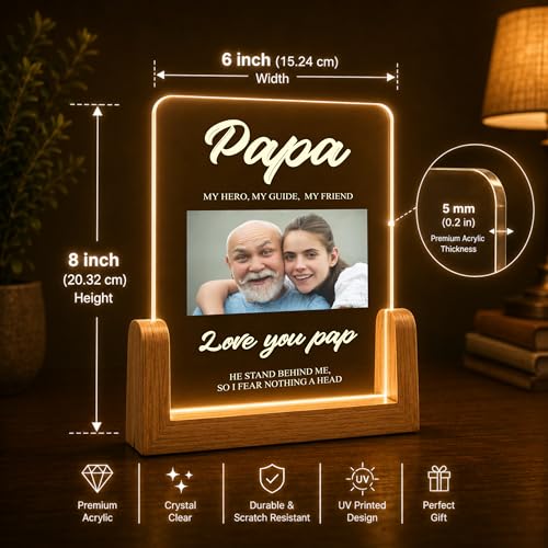 Image of Giftplease Personalized Rectangular Acrylic Wood Photo Frame | Warm LED Light Base Custom 1 Picture Horizontal Script Night Decor for Father Papa Husband | Fathers Day Best Dad Birthday Tabletop