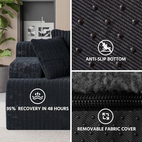 Image of LAUSAINT HOME 96 inch Modular Sectional Sofa Couches, L-Shaped Boneless Cloud Sofa with 3 Deep Seat, 5 Cushiones Oversized Chaise for Living Room, Bedroom, Plush Corduroy Fabric (Left, Black)
