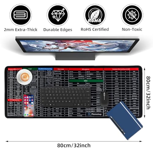 Image of Large Keyboard Shortcuts Mouse Pad - Quick Key Guide Desk Mat for Office Software - Non-Slip Computer Mat for Windows, Excel, Word & More