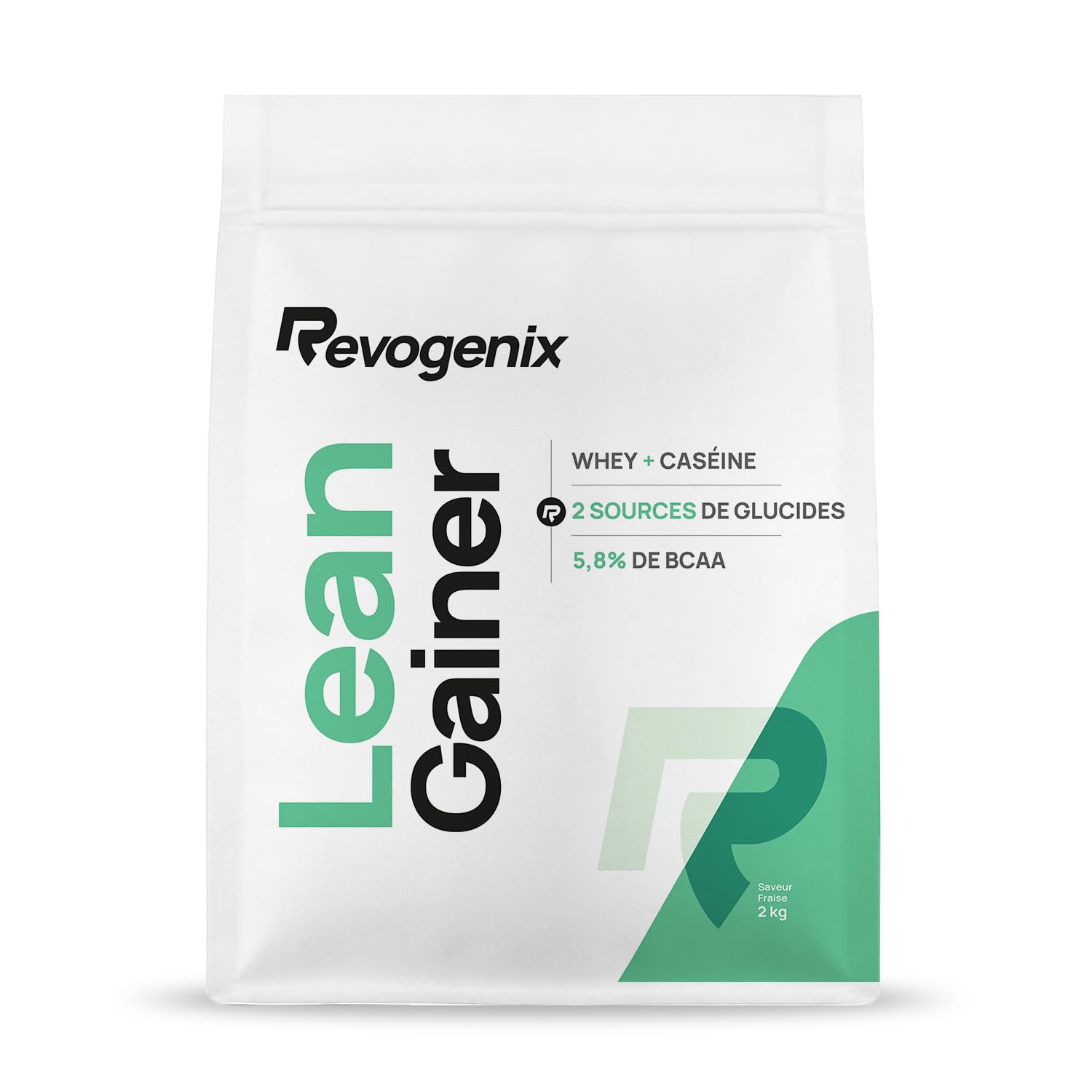 LEAN GAINER | Protéines avec Whey + Caséine | Glucides avec Farine d’avoine + Maltodextrine | Gainer Prise de Masse Musculation sèche | Riche en BCAA | Doypack de 2 kg Saveur Fraise | REVOGENIX