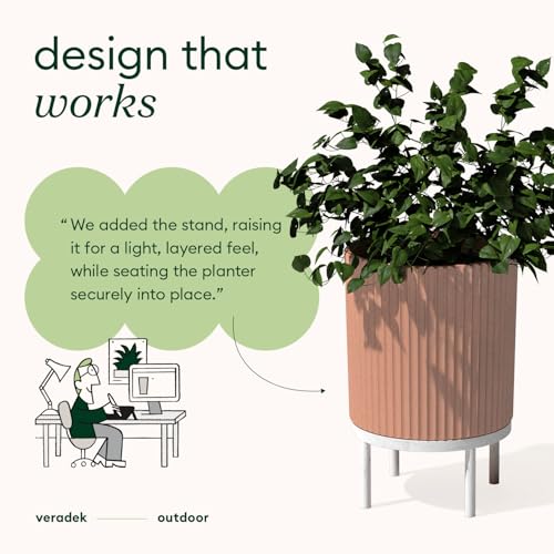 Image of Veradek Demi Series Raised Planter - Round Planter with Stand | Made From a Durable Plastic-Stone Composite & Comes With Wooden Stand. Modern Porch /Patio Decor