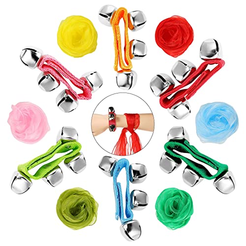 6 Bandes de Poignet Bracelets de Cloches Instruments de Musique Clochettes de Différentes Couleurs et 6 Foulards de Danse Carrés Écharpes de Jonglage en Soie Magiques, 24 Pouces, 6 Couleurs Cover