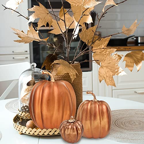 Image of Winlyn 7 Pcs Assorted Sizes Artificial Metallic Bronze Pumpkins Rustic Decorative Fall Foam Pumpkins for Gifts Thanksgiving Halloween Harvest Fall Wedding Table Centerpiece Mantel Shelf Decor
