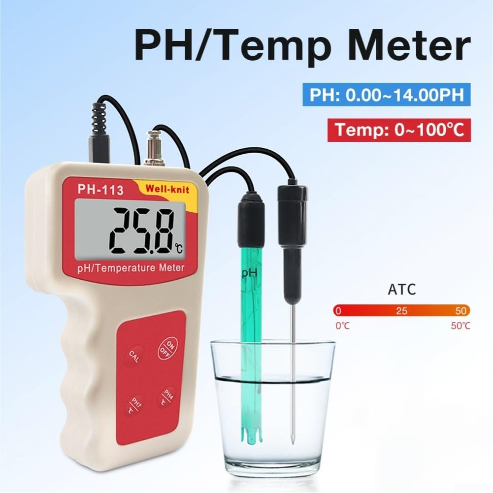 Alto medidor de pH digital y probador de temperatura 0 a 14 Ph Pantalla LCD grande Compensación automática para acuario pecera estanque rojo