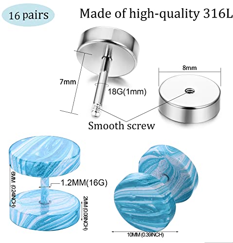FIBO STEEL 16 Pairs Fake Gauge Earrings for Men Women Stainless Steel Stud Earrings Cheater Ear Plug Faux Gauges Earrings Ear Tunnel2