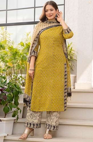 Image of Amayra Women's Pure Cotton Straight Kurta Set with Palazzo Pants & Dupatta|Ethnic wear|Kurta Set for Women