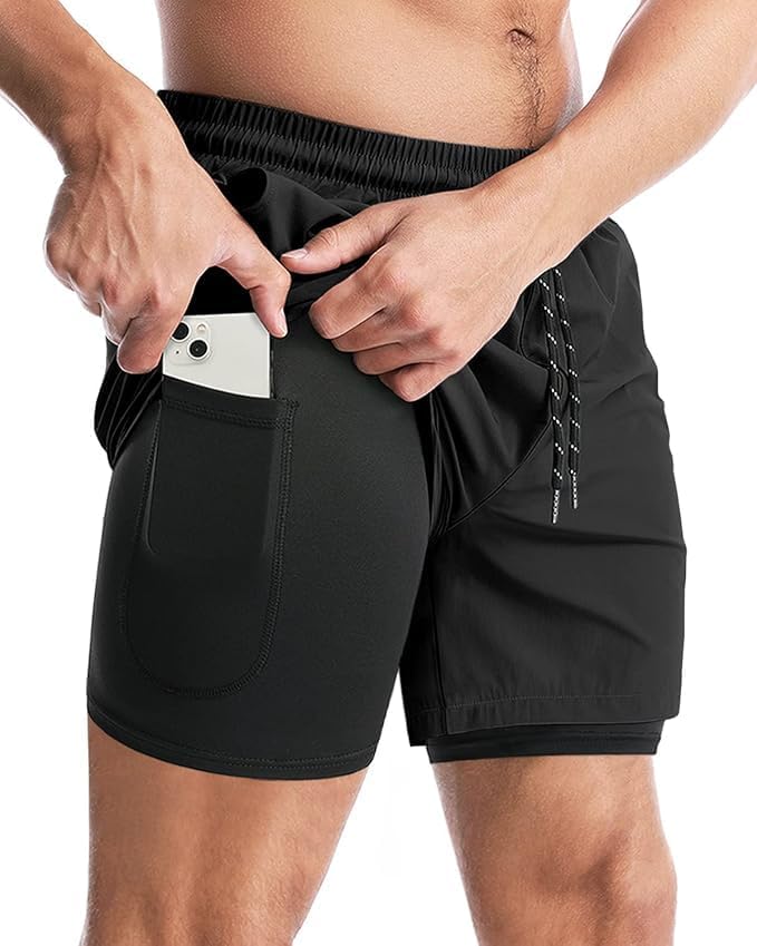 - Men’s 2 in 1 Active Dual Shorts with Inner Tights | Double Layer Gym Shorts | Running, Training & Sports Shorts with Pocket Plus Size (S to 6XL)