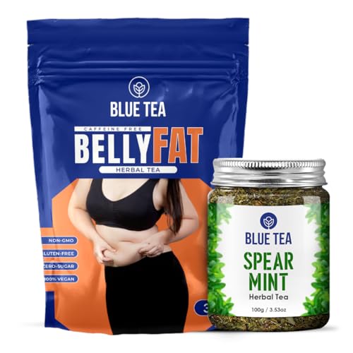 Image of BLUE TEA - Combo Pack - Belly Tea (30 Teabags) & Spearmint Herbal Tea (100 gm - 100 Cups) | Helps Manage Weight | PCOS Relief | Helps in Balancing Hormones | Caffeine Free | Zipper & Pet Jar