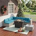 8 Pieces Outdoor Patio Furniture Set with 43" Fire Pit Table, Wicker Outdoor Patio Sectional Sofas Coffee Table, All-Weather Patio Conversation Set with Cushions for Garden Backyard, Light Blue