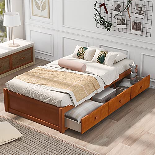 Bellemave Twin Size Platform Bed with 3 Storage Drawers, Solid Wood Platform Bed with Support Slats for Kids Teens, No Box Spring Needed, Oak